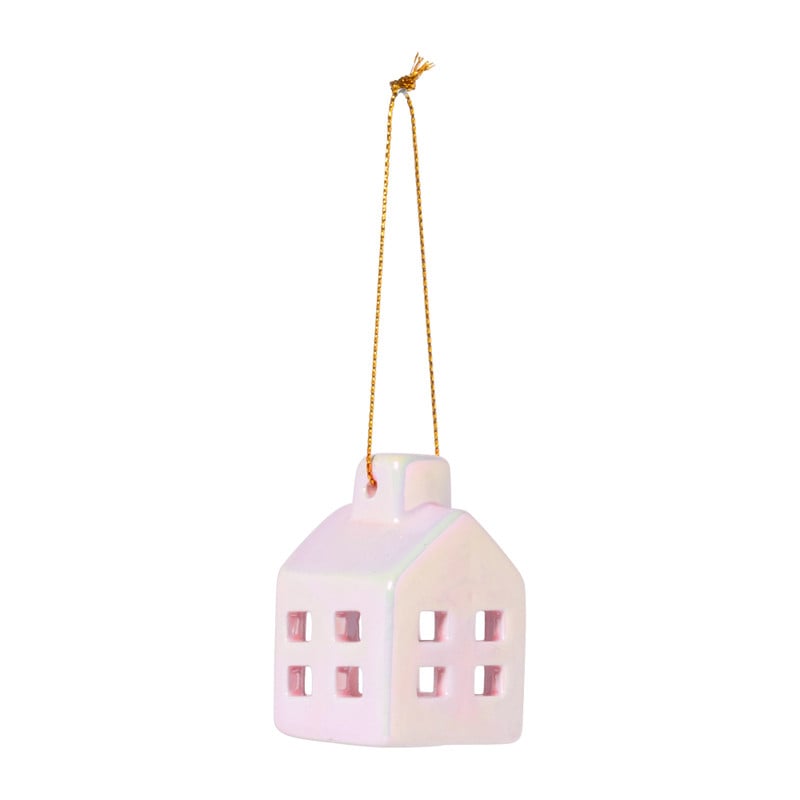 Hanger huisje keramiek - roze - 5.5x3.5x3.5 cm