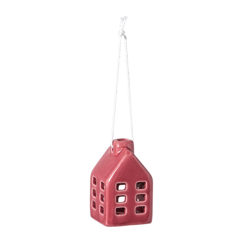 Kersthanger huisje keramiek - rood - 5.5x3.5x3.5 cm