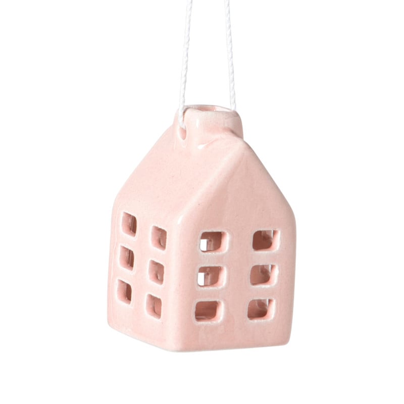 Kersthanger huisje keramiek - roze - 5.5x3.5x3.5 cm