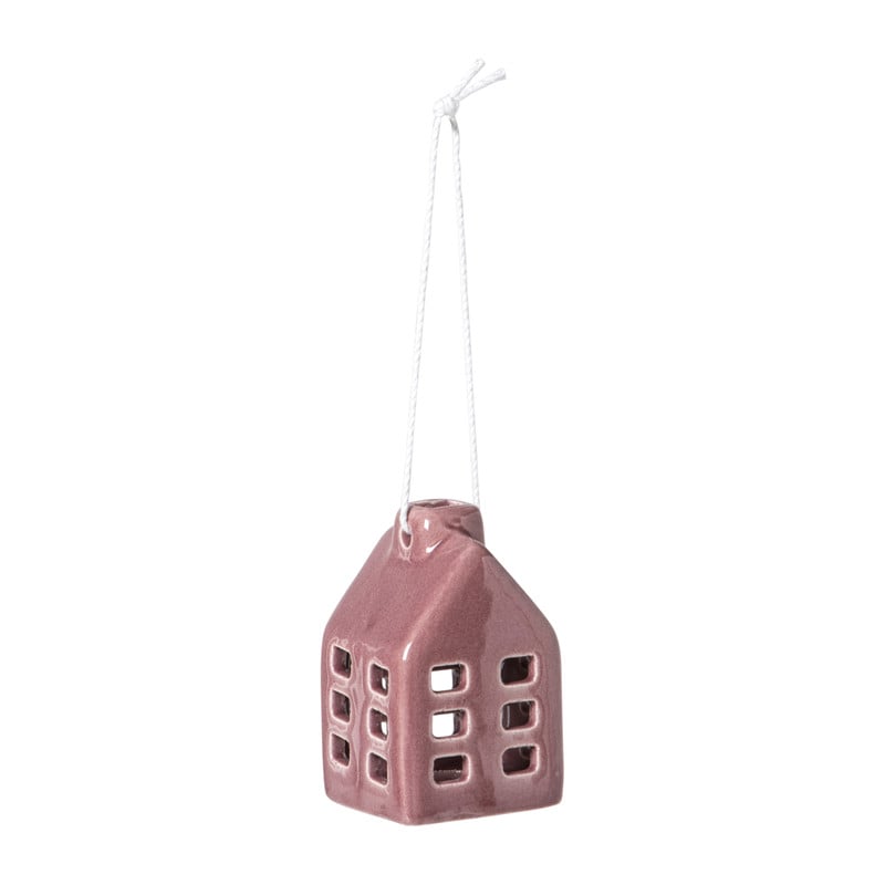 Kersthanger huisje keramiek - donkerpaars - 5.5x3.5x3.5 cm