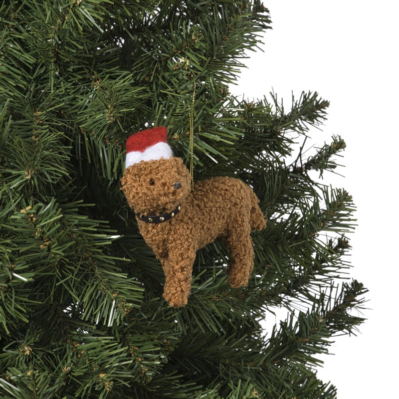 Kersthanger labradoodle met kerstmuts - bruin/rood - 12x10x4 cm