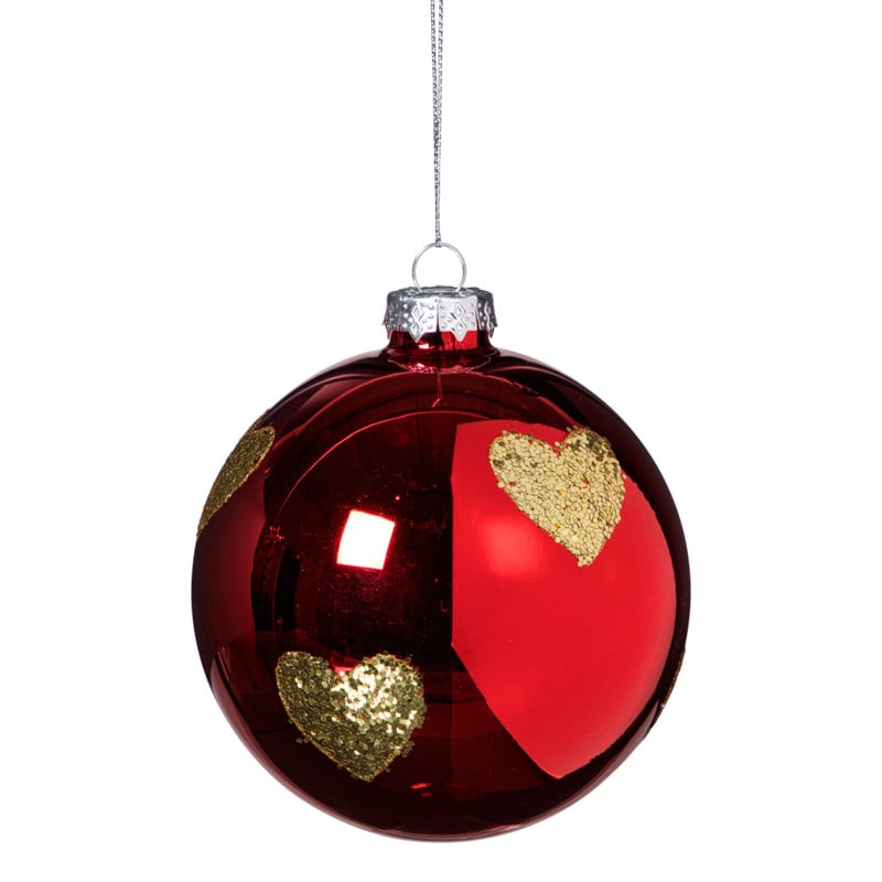 Kerstbal met gouden hartjes - rood/goud