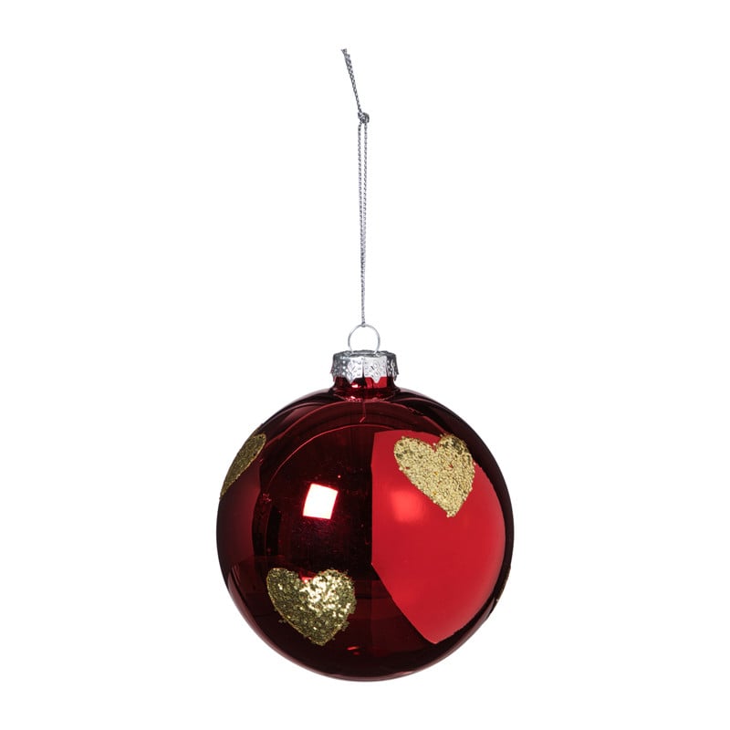 Kerstbal met gouden hartjes - rood/goud
