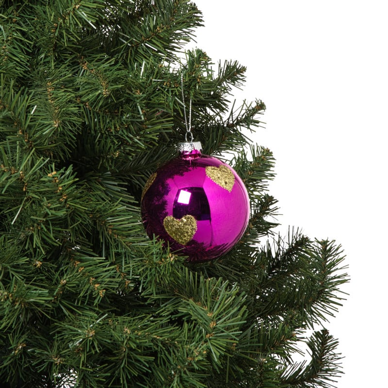 Kerstbal met gouden hartjes - roze/goud