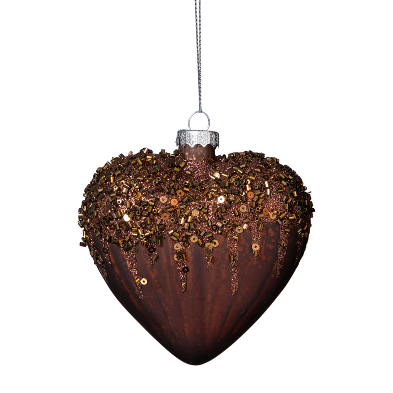 Kersthanger hart met glitters - bruin - 4x10 cm