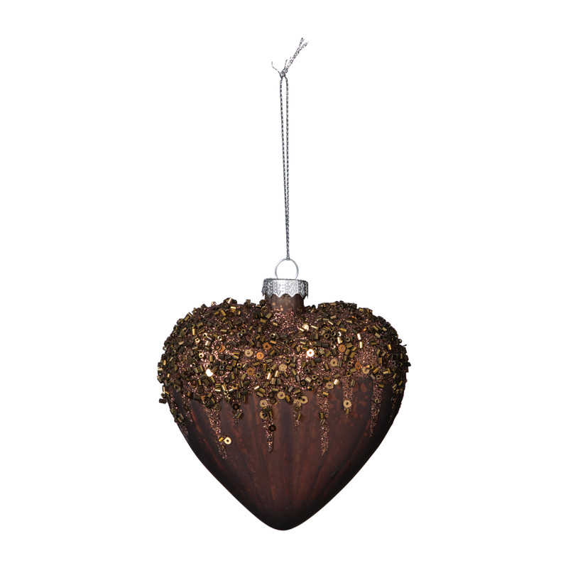 Kersthanger hart met glitters - bruin - 4x10 cm