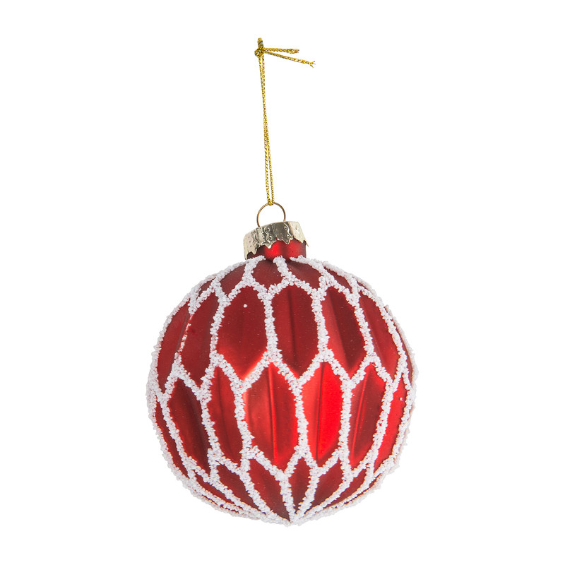 Kerstbal - glas - rood reliëf wit