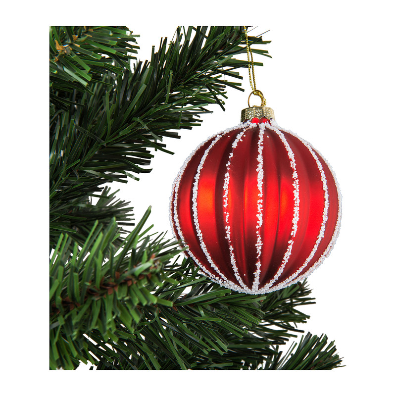 Kerstbal rood relief wit - glas