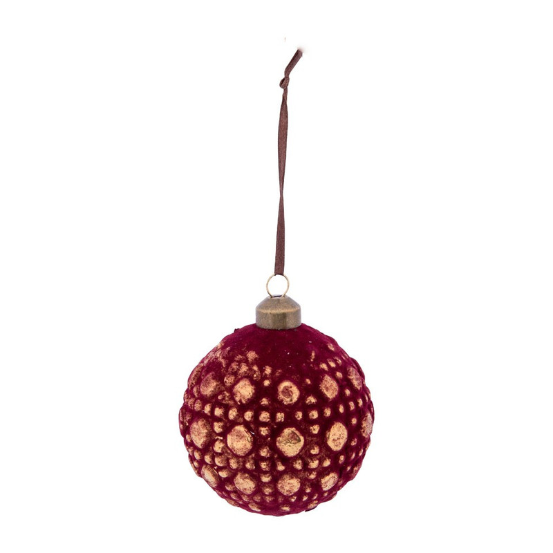 Kerstbal bordeaux relief stip