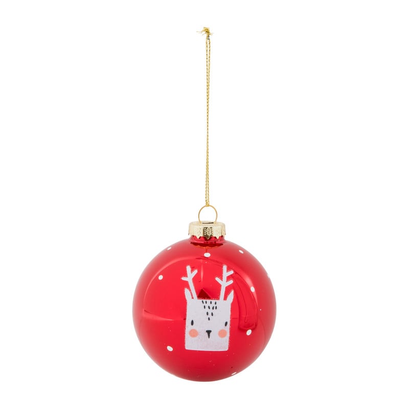 Kerstbal rood met rendiertje - 8 cm