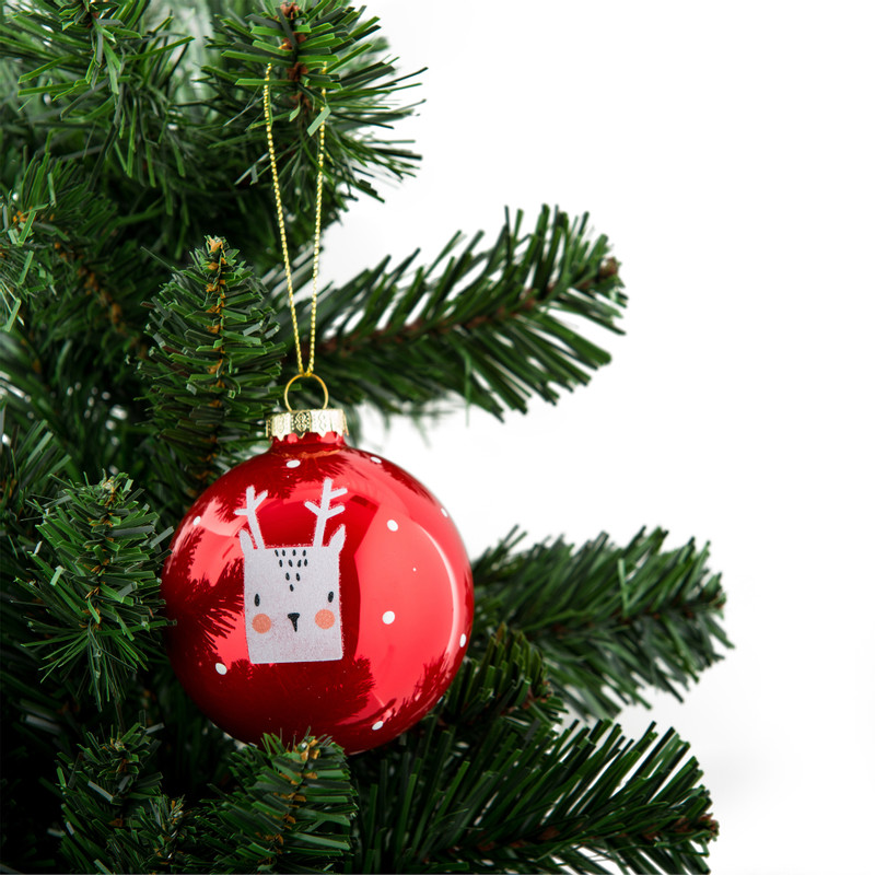 Kerstbal rood met rendiertje - 8 cm