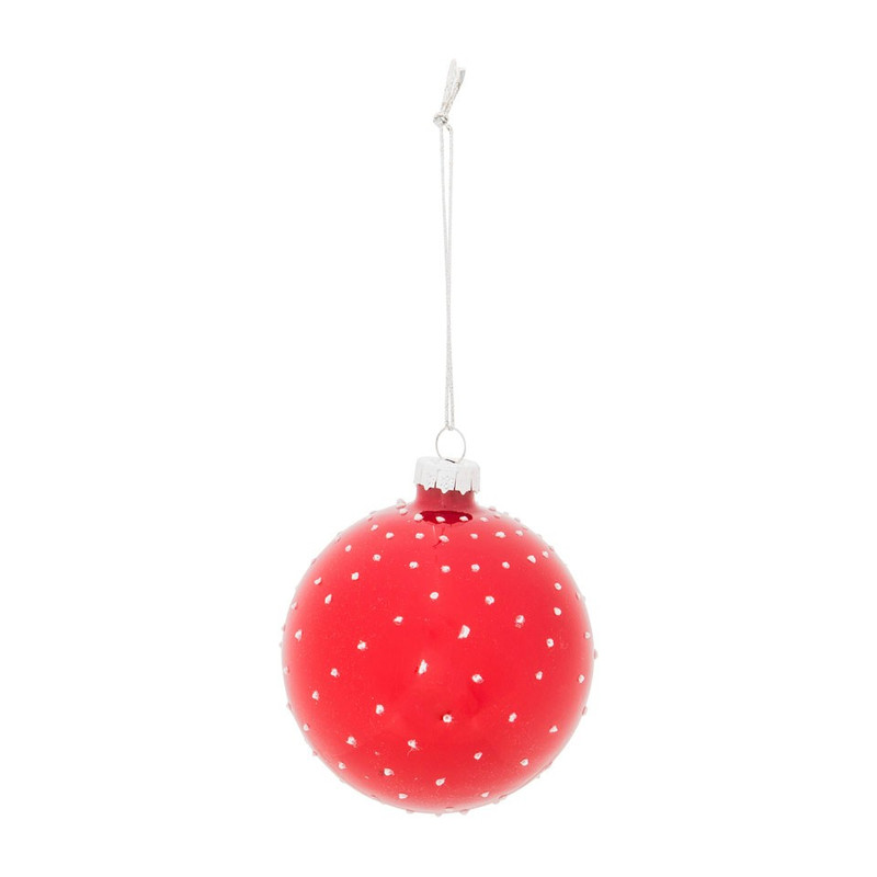 Kerstbal rood - witte stip - 8 cm
