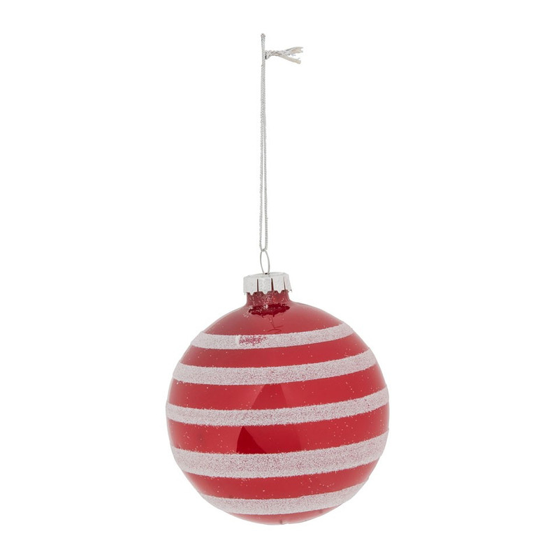 Kerstbal rood - witte streep - 8 cm
