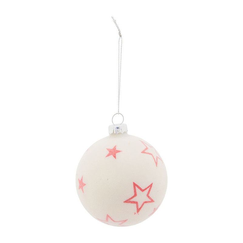 Kerstbal wit- rode ster - 8 cm