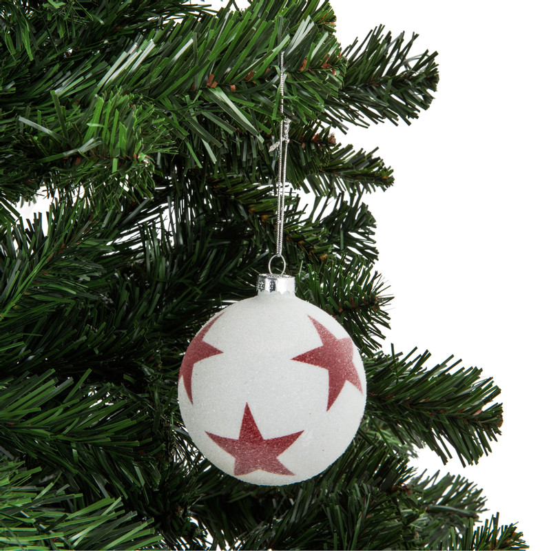 Kerstbal wit met rode sterren