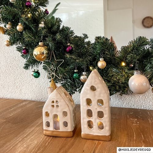 Theelichthouder huis - glazed - 6.5x4.5x16.5 cm