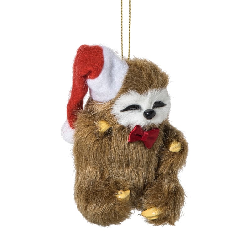 Kersthanger luiaard met kerstmuts - bruin/rood - 8.5x6.5x7 cm