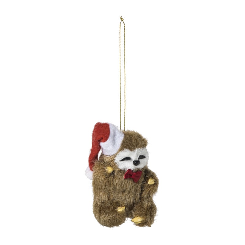 Kersthanger luiaard met kerstmuts - bruin/rood - 8.5x6.5x7 cm