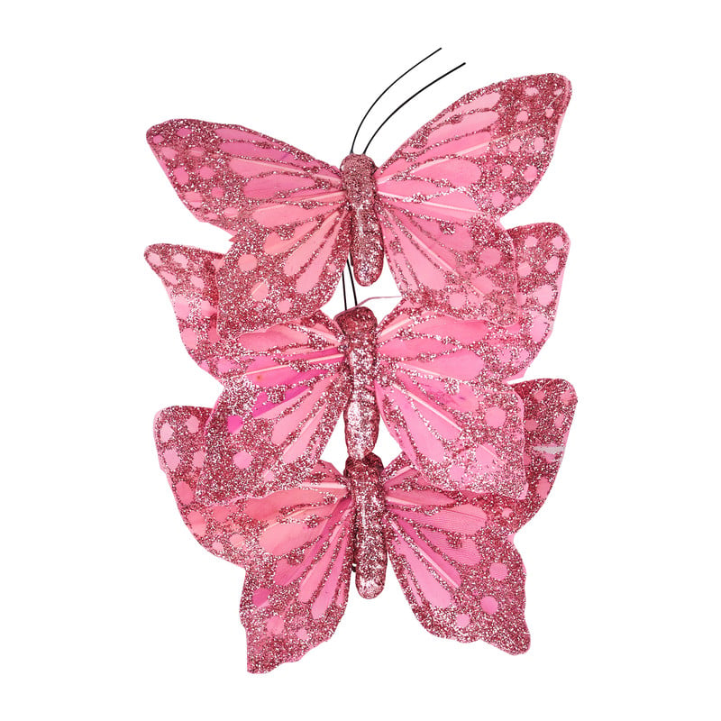 Vlinders op clip - 3 stuks - roze - 9.5 cm
