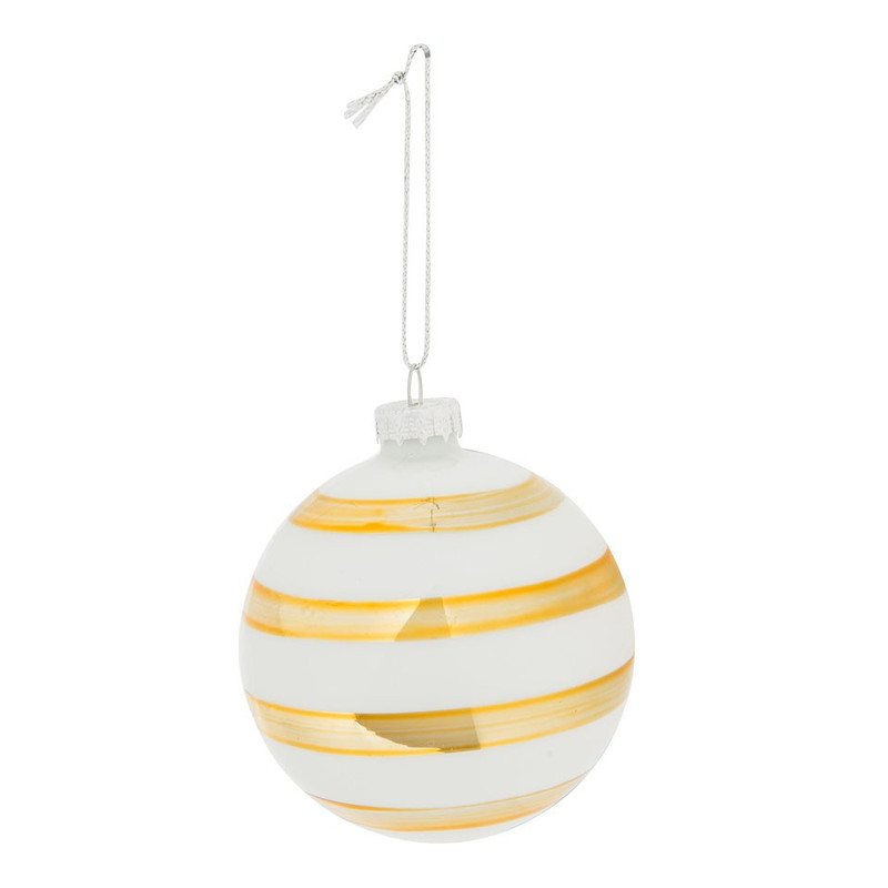 Kerstbal wit - goud gestreept - 8 cm