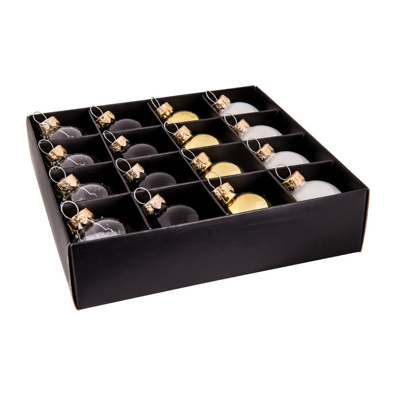 Kerstbal mini - zwart/wit/goud - set van 16