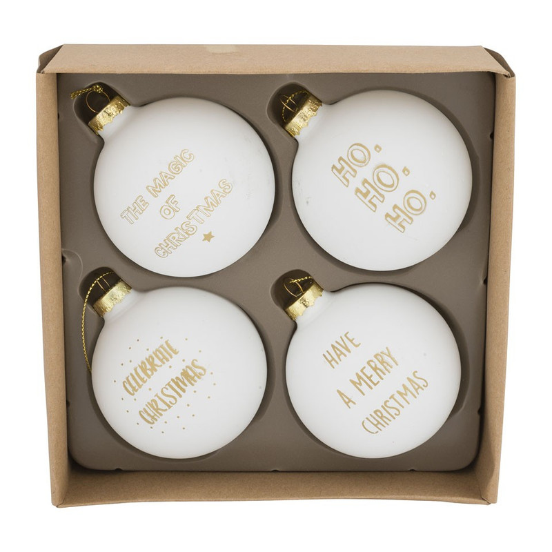 Kerstbal gouden tekst - 7 cm - wit - set van 4