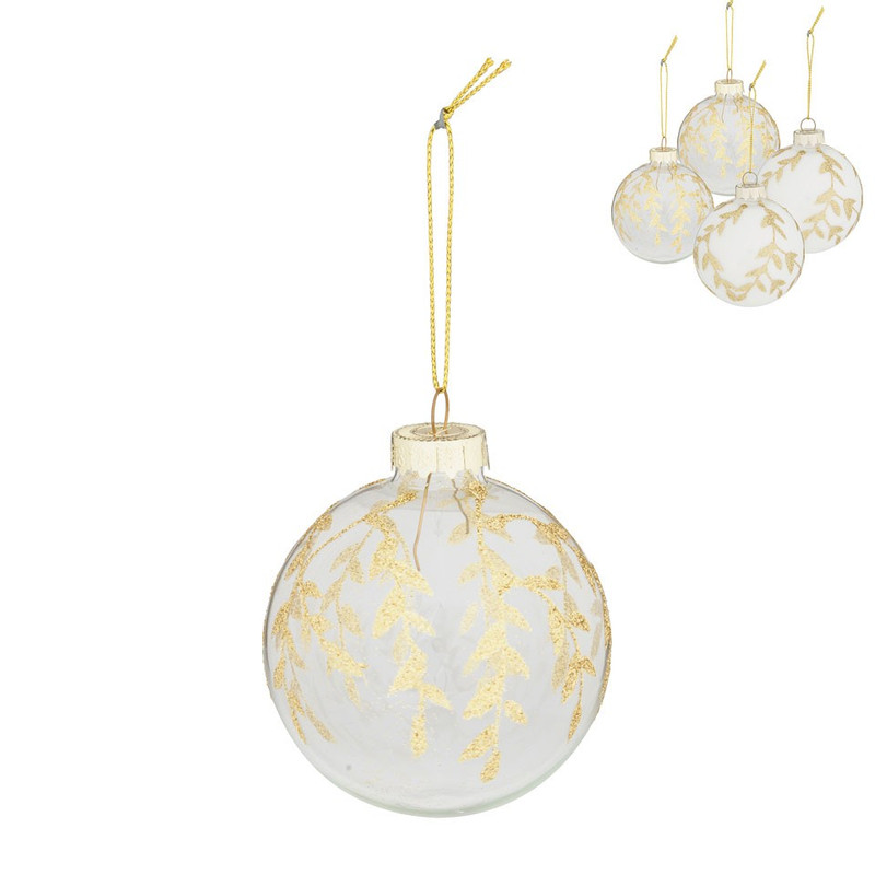 Kerstbal gouden bladeren - 7 cm - helder/wit