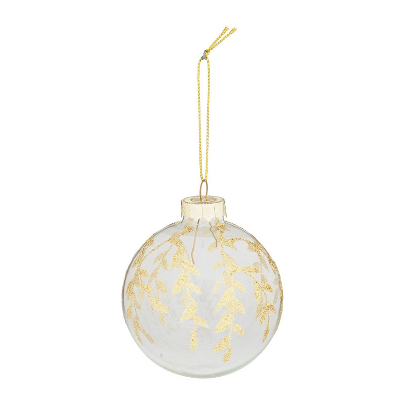 Kerstbal gouden bladeren - 7 cm - helder/wit