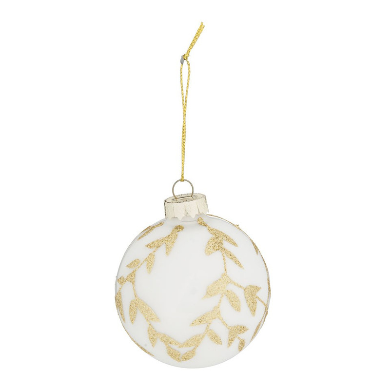 Kerstbal gouden bladeren - 7 cm - helder/wit