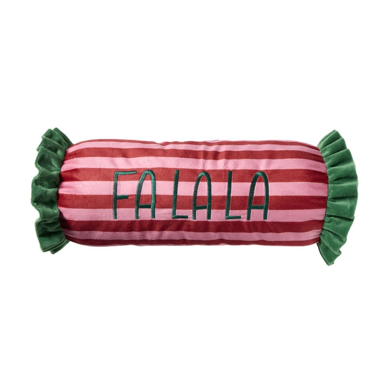 Kerstkussen snoepje fa la la - multikleur - ø15x40 cm