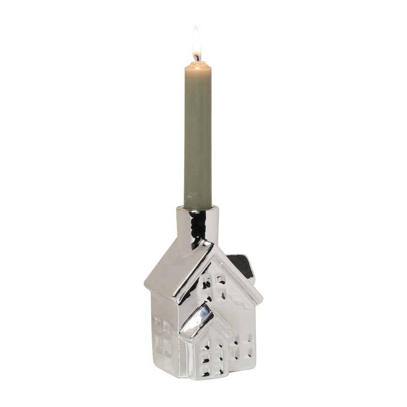 Kerst kandelaar huis - zilverkleurig - 12.5x7.7x6.5 cm