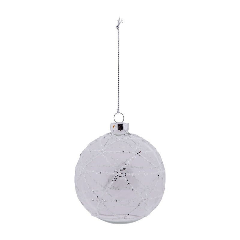 Glazen kerstbal met witte strepen - transparant - 8 cm