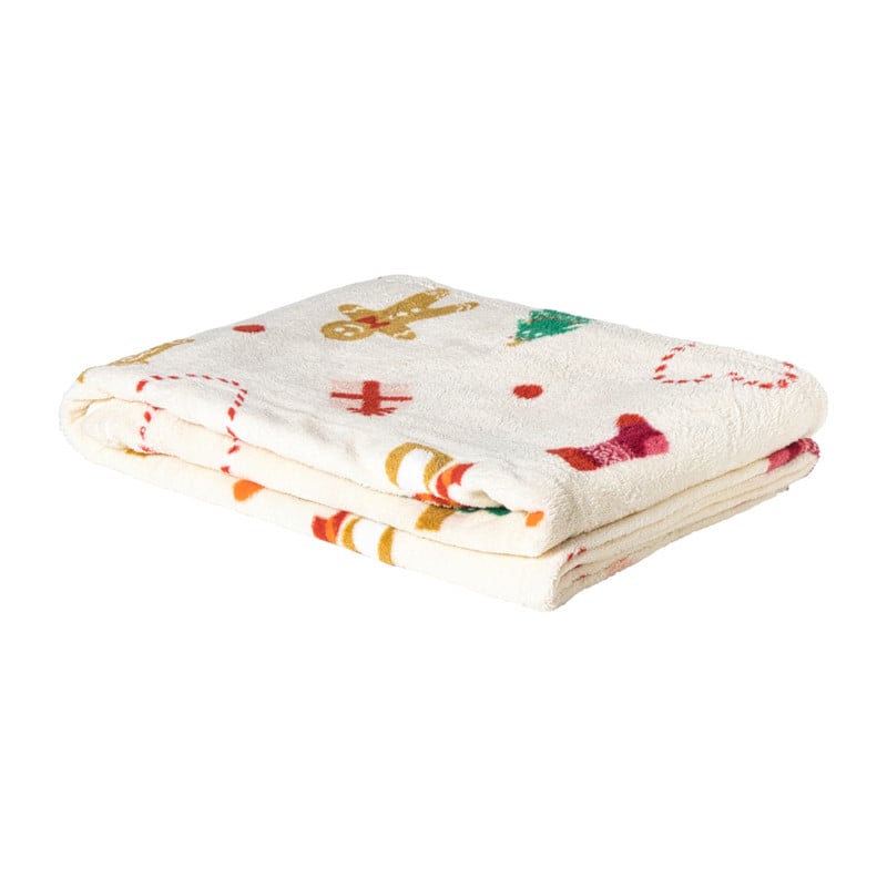 Kerst fleecedeken - beige/multikleur - 170x130 cm
