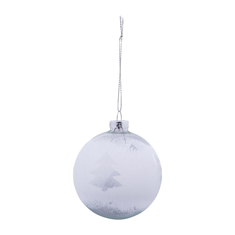 Kerstbal met kerstbomen - wit/transparant - 8 cm