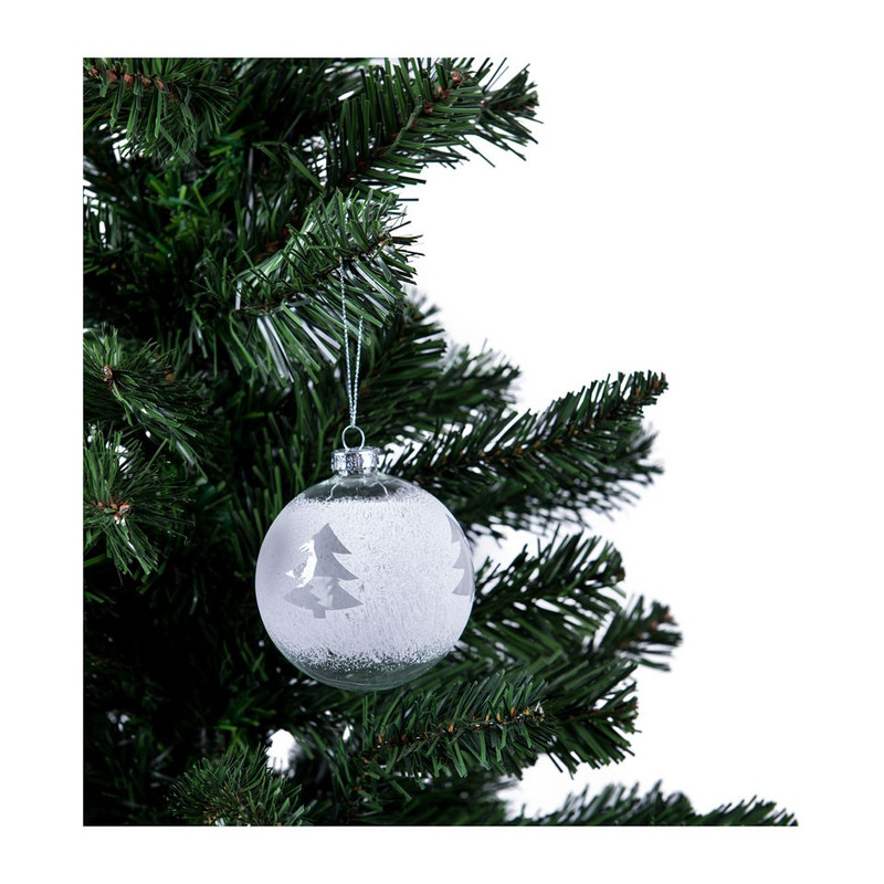 Kerstbal met kerstbomen - wit/transparant - 8 cm