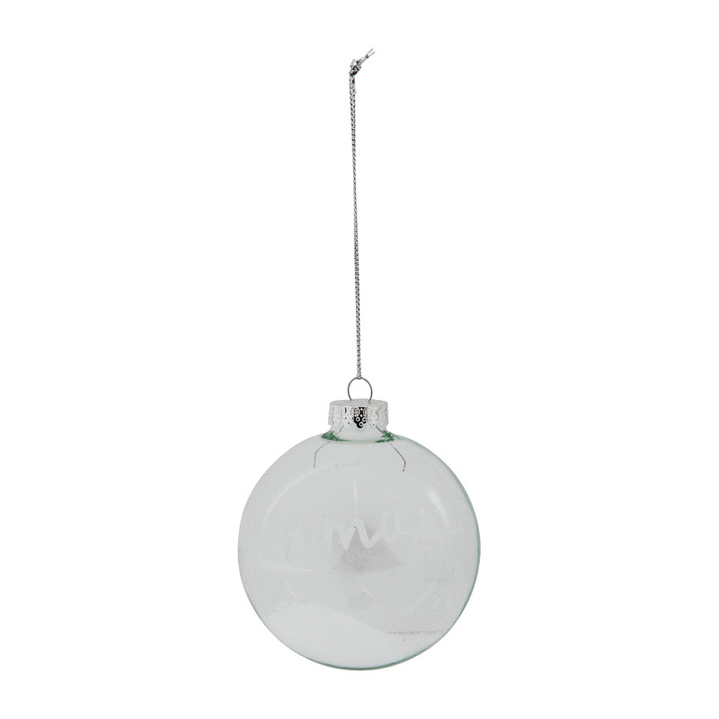 Kerstbal XMAS met sneeuw - transparant met ster - 8 cm