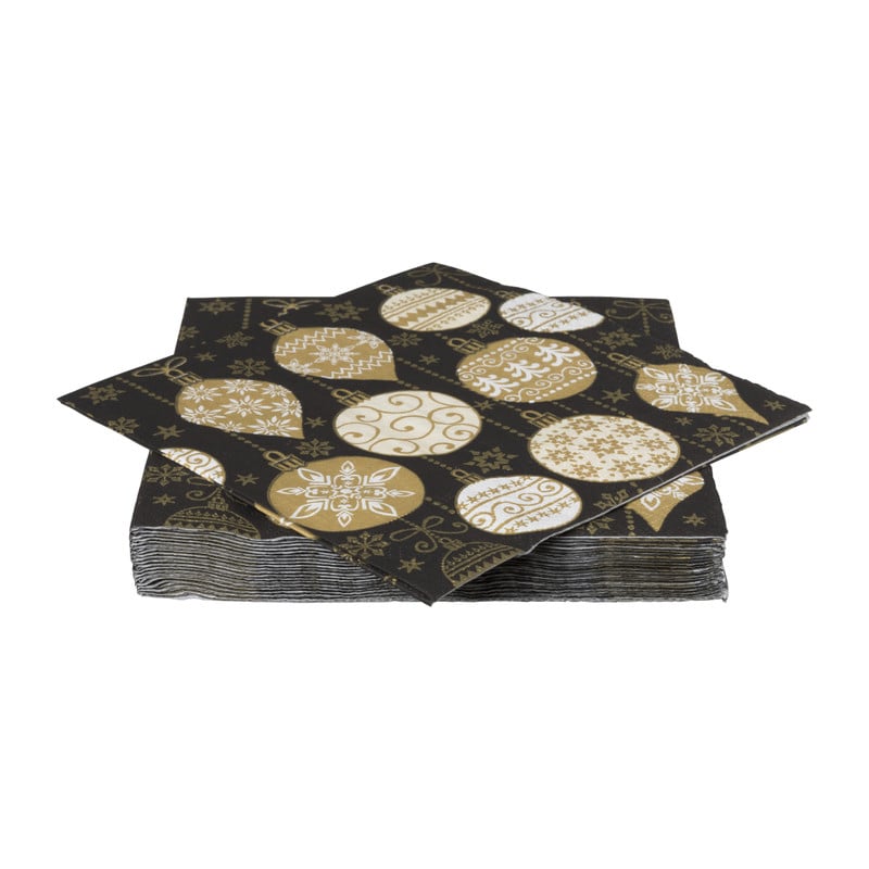 Servetten kerstballen - zwart/goud - set van 20 - 33x33 cm