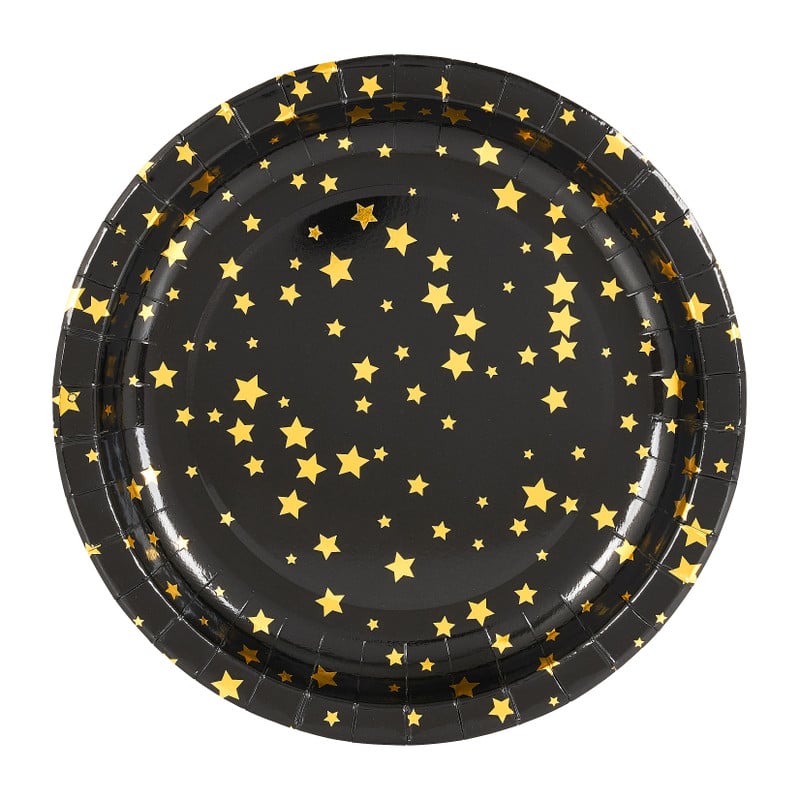 Papieren bordjes ster - zwart/goud - Ø23cm - set van 8