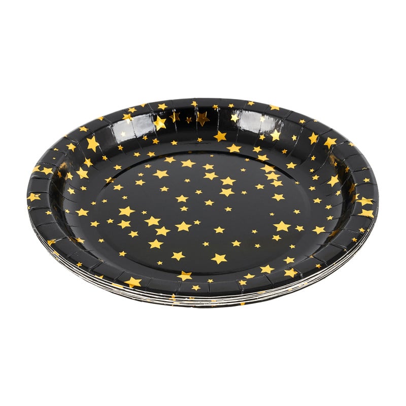 Papieren bordjes ster - zwart/goud - Ø23cm - set van 8
