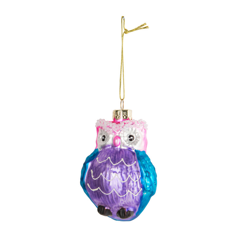 Kerstbal uil - blauw/roze