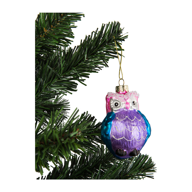 Kerstbal uil - blauw/roze