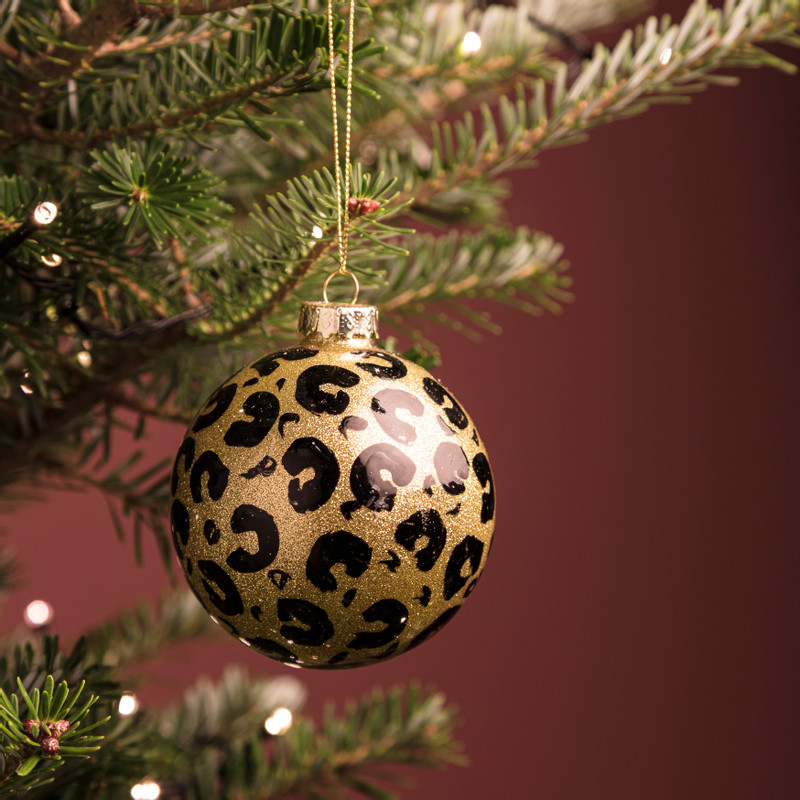 Kerstbal luipaard - zwart/goud - ø8 cm 