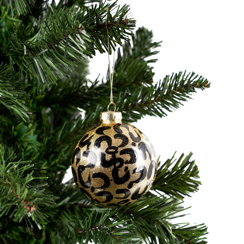 Kerstbal luipaard - zwart/goud - ø8 cm 