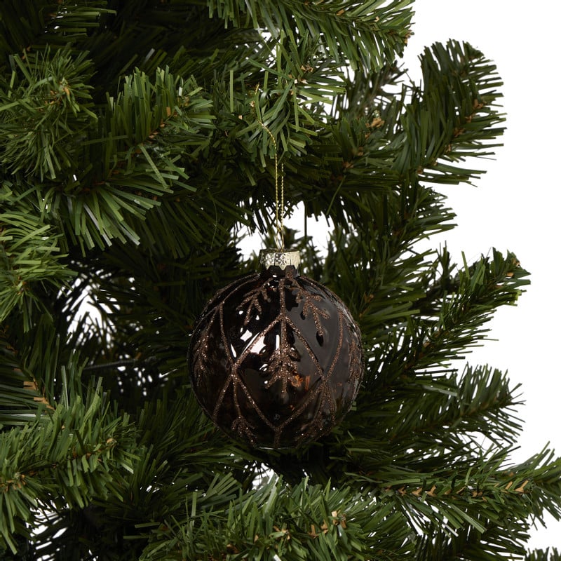 Kerstbal bladeren - donkerbruin - ø8 cm