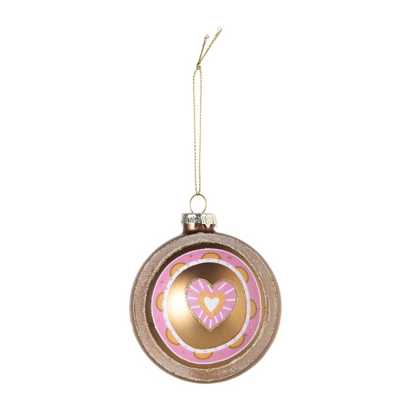 Kerstbal met hartje - roze/wit/goudkleurig - ø8 cm