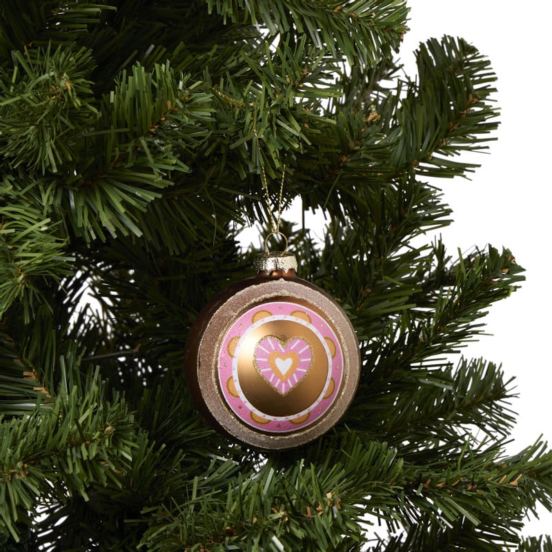 Kerstbal met hartje - roze/wit/goudkleurig - ø8 cm