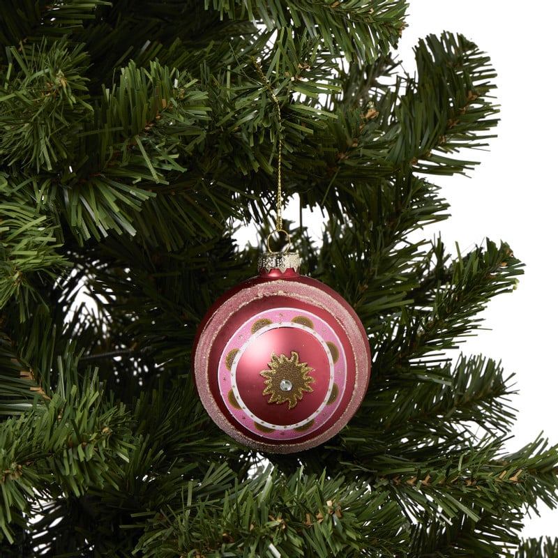 Kerstbal met bloem - roze/wit/goudkleurig - ø8 cm