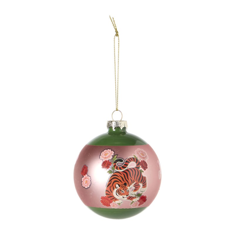Kerstbal met handgeschilderde bloem - roze/goudkleurig/groen - ø8 cm