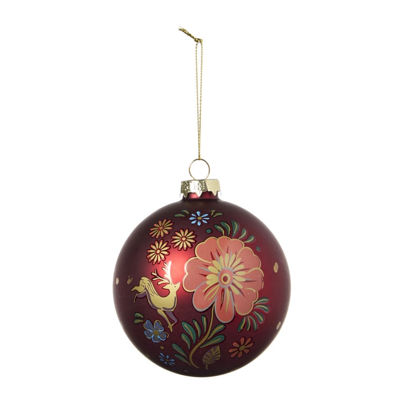 Kerstbal bloemen - blauw/rood - ø10 cm 