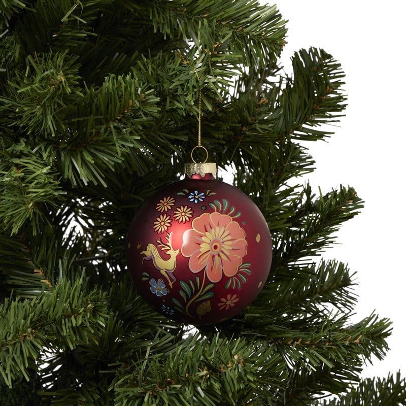 Kerstbal bloemen - blauw/rood - ø10 cm 